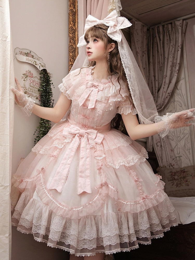 Pink Scalloped Edge Trim Overlay Skirt Princess Lolita Dress with Detachable Sleeves