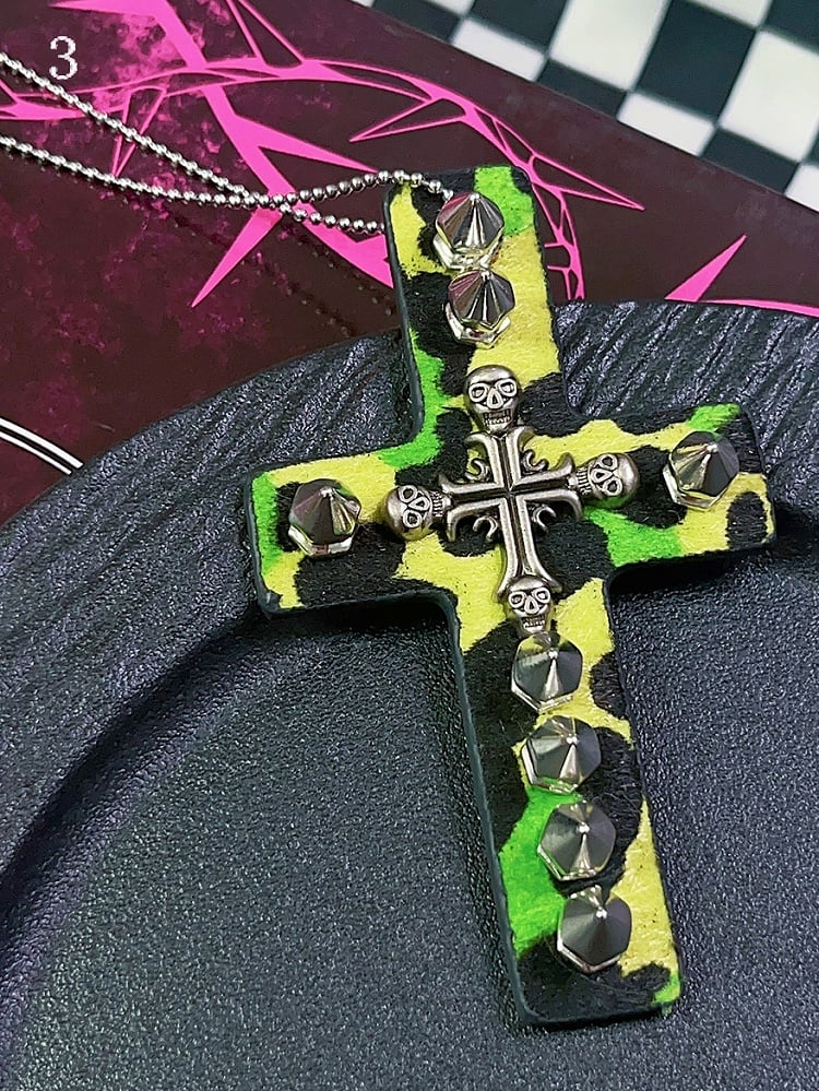 9 Options Gyaru Fashion Skeleton And Studs Leopard Cross Necklace