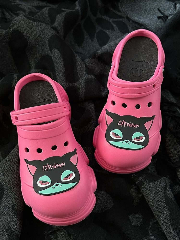 Black Cat Rose Pink Gothic Crocs Hollow Out Vented Clogs