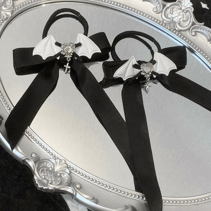 Black/White/Pink Rhinestone Decorated Bat Wing Design Bowknot Hair Ties