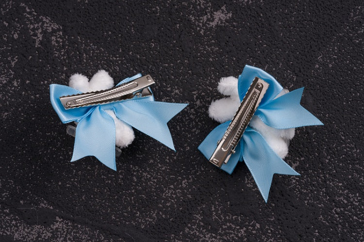 Handmade Plush Bunnies White and Blue Bowknot Hairclips