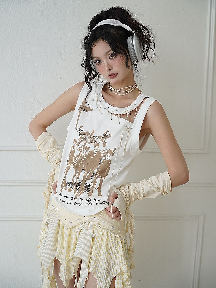 Cutout Detail White Lace-up Detail Tank Top
