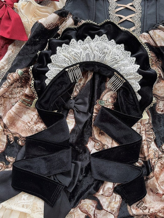 Wine Red/Black Velvet Lace Trim Bonnet + 4 Bowknot Brooches