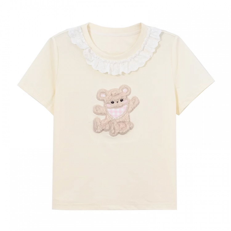 Plush Bear Applique Apricot Lace Trim Neckline T-shirt