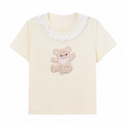 Plush Bear Applique Apricot Lace Trim Neckline T-shirt