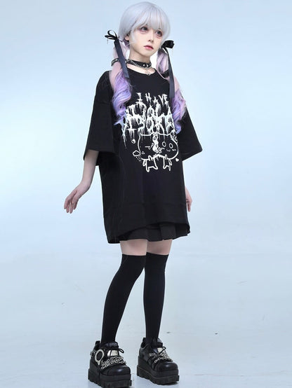 Black Jirai Kei Cat And Letter Print T-shirt