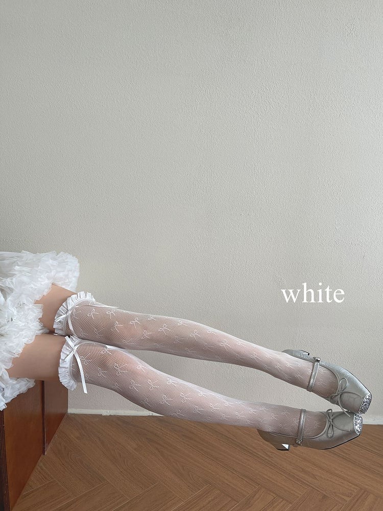 White/Light Yellow/Black Bowknot Details Lace Trim Overknee Stockings
