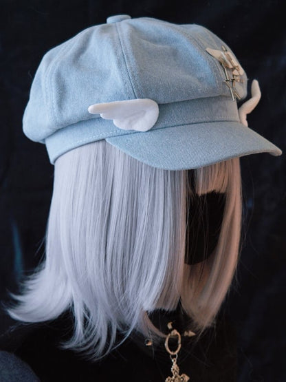 Handmade Star Buckle and Wings Light Blue Denim Hat