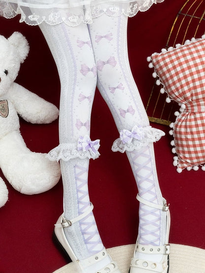 Purple/Pink/Black Lolita Bowknot Heart Print Tights＋Lace Bowknot Cuffs Set