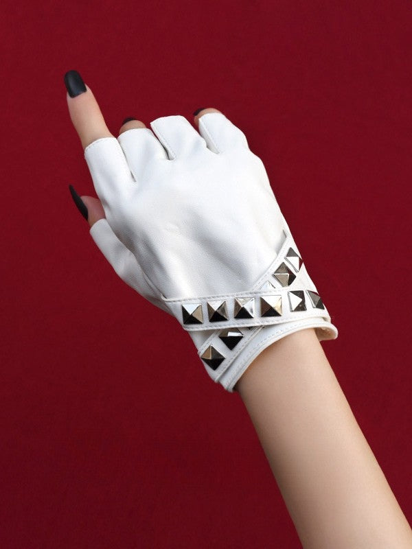 Black/White Steampunk Studs Details Finger Gloves