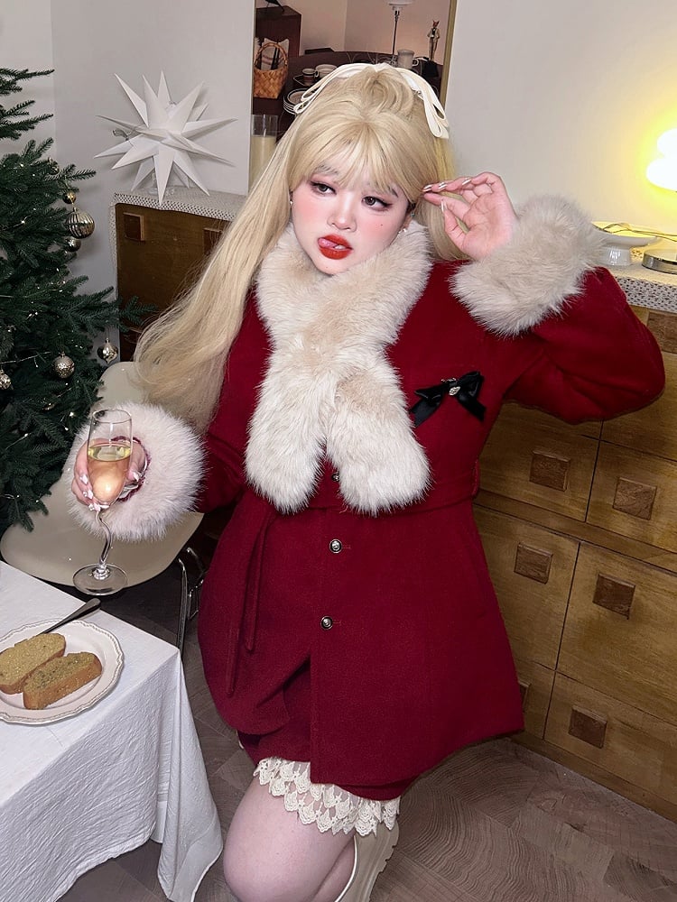 Plus Size Red Coat with Plush Collar and Cuffs