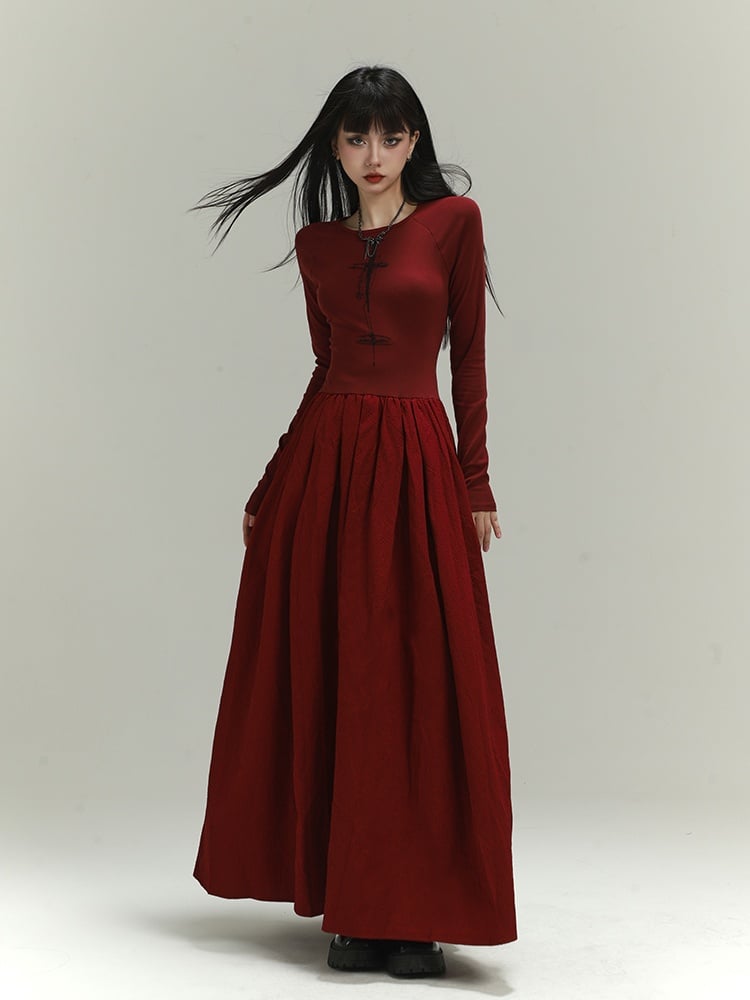 Gothic Wine Red Cross Print Backless/Covered-Back Slim-fitting Dress