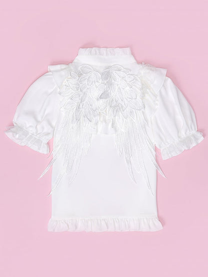 Lace Angel Wings at Back White Short Sleeves Blouse
