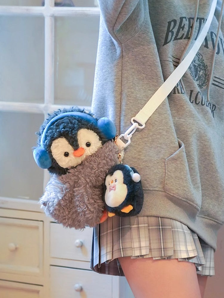 Gray Cute Penguin Plush Backpack/Crossbody Bag + Keychain
