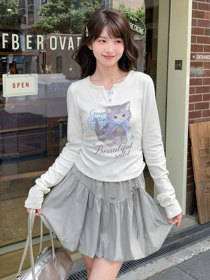 Adorable Cartoon Kitty Print Sweetheart Button Details White Faux Two-pieces Top