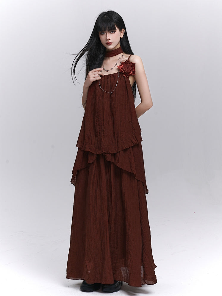 Wine Red Floral Embellished Cami Top with Scarf / Elastic Waist Skirt