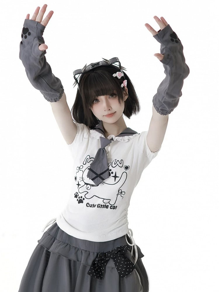 Kitty Ears Design Sailor Collar White Drawstring Side T-shirt with Free Armwear