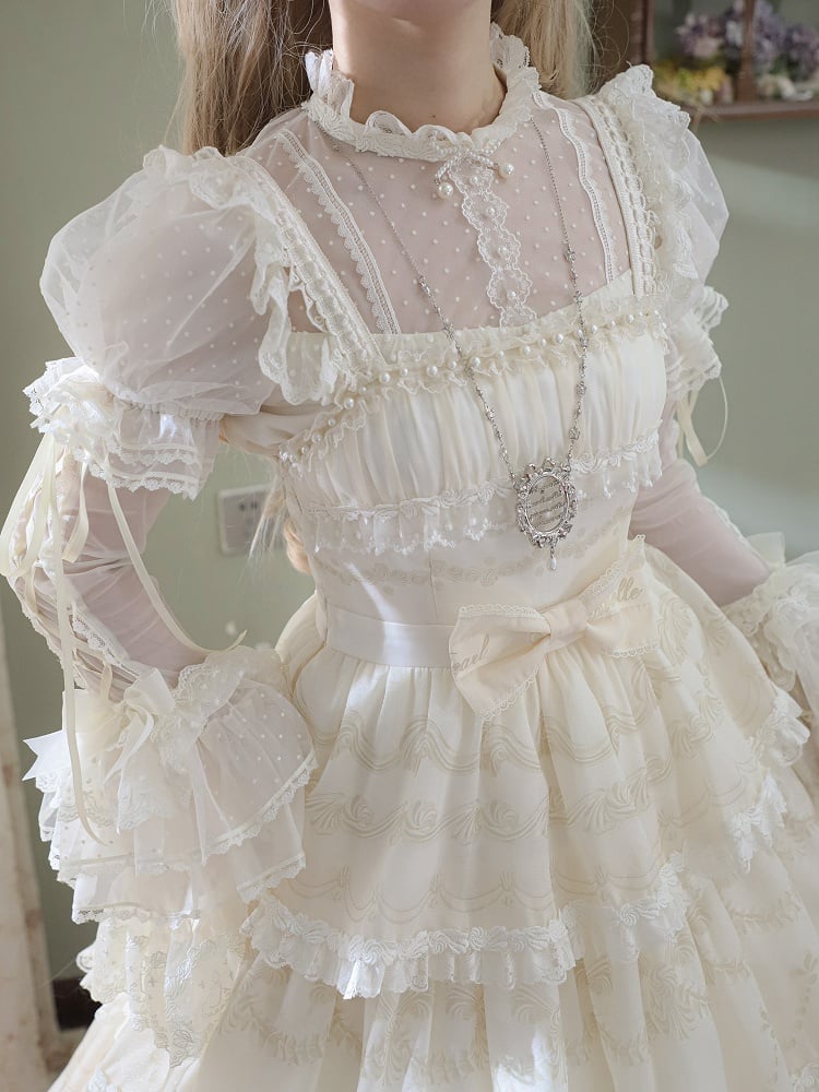 Creamy White Dotted Tulle Puff Sleeves Blouse with Detachable Sleeves