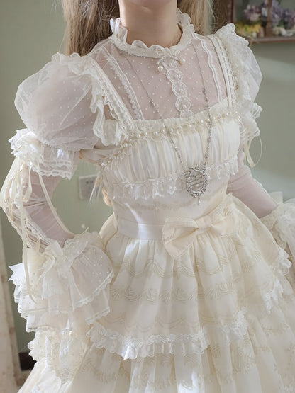 Creamy White Dotted Tulle Puff Sleeves Blouse with Detachable Sleeves