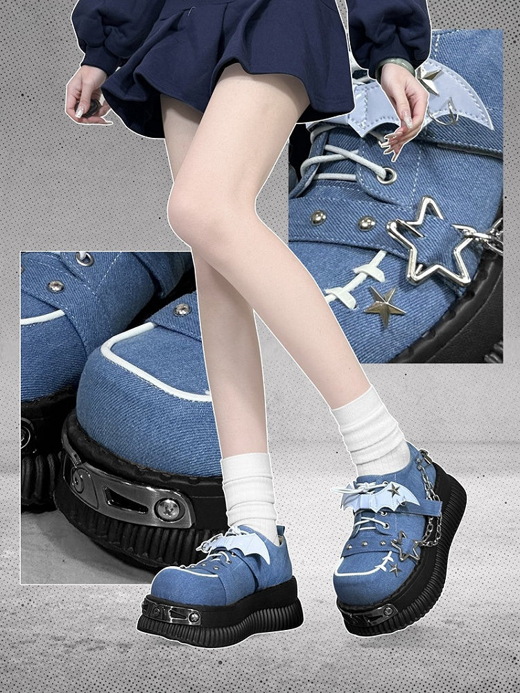 Star-shaped Studs and Chains Gothic Blue Bat Wings Platforms Punk Shoes