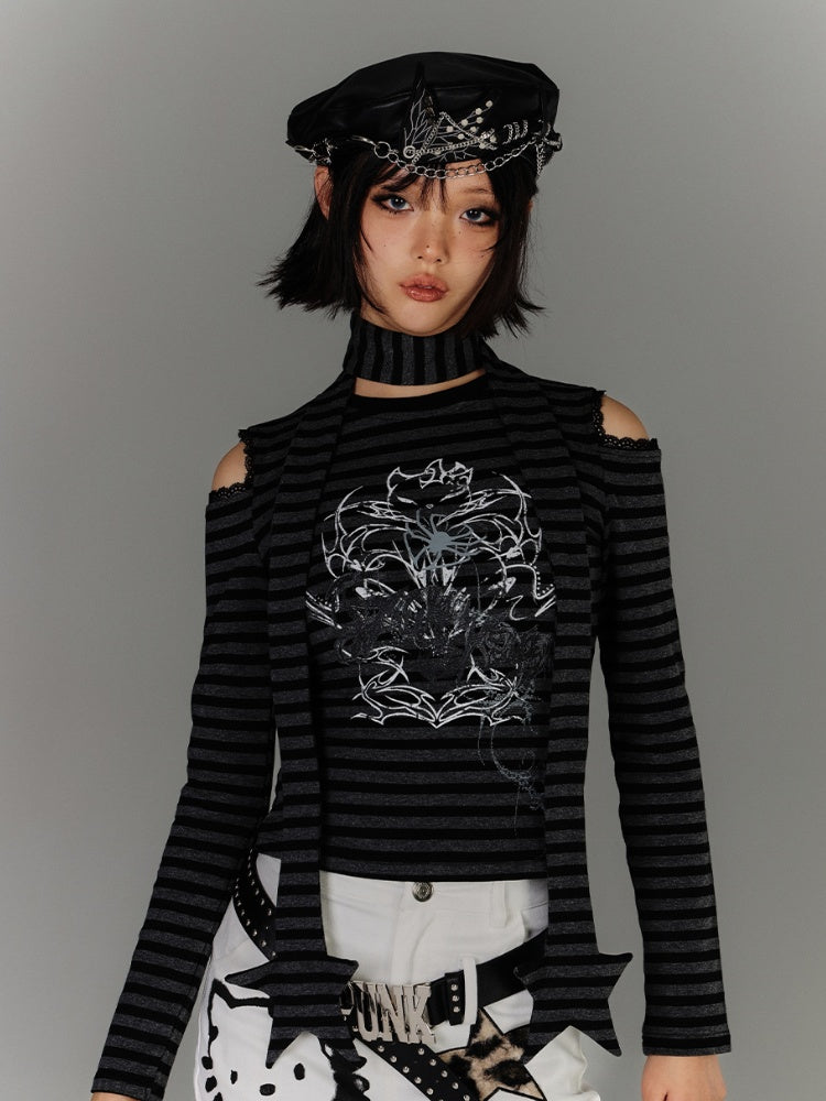 Punk Black & Gray Striped Cutout Shoulder Graphic Top with Star Scarf