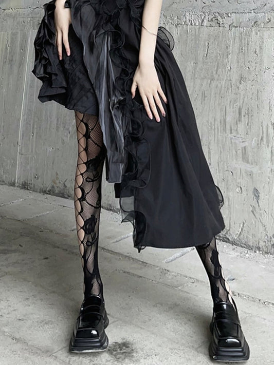 Gothic Black Rosette  Fishnet Tights