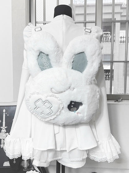 Kawaii Black / White Plush Bunny Backpack with Bendable Ears & Heart Eye Patch Design