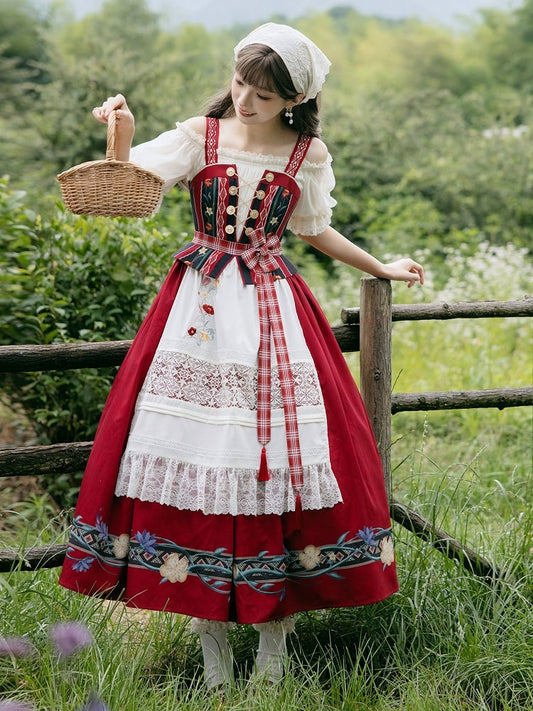 Red Cottagecore Floral Print Dress Country Lolita JSK with Detachable Apron