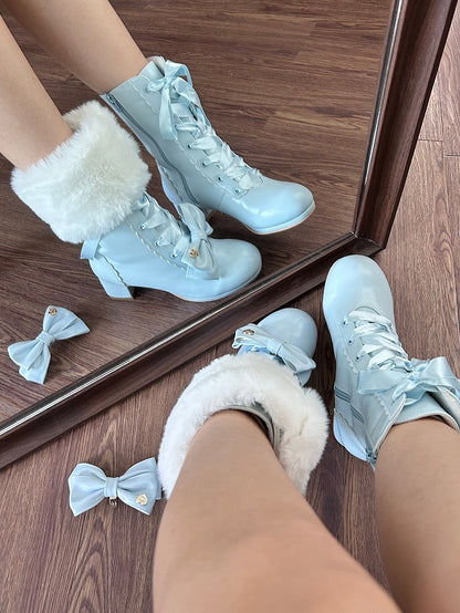 Mid-heel Sweet Blue Lolita Boots with Bow-shaped Shoe Clips & Detachable Plush Cuff