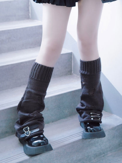 PU Buckles Dark Gray Gothic Distressed Holes Leg Warmers