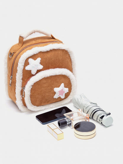 Chic 2-Way Small-Sized Brown Backpack With Plush Trim And Fuzzy Star Accents