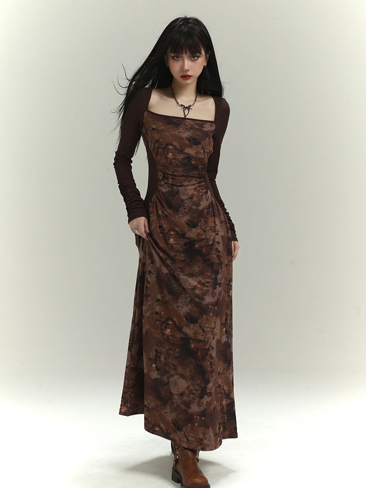 Millard Fashion Brown Square Neck Gathering Details Slim-fitting Dress