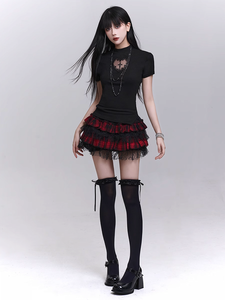 Red and Black Plaid Elastic Waist Lace Trim Mini Tiered Skirt Bloomers Lining