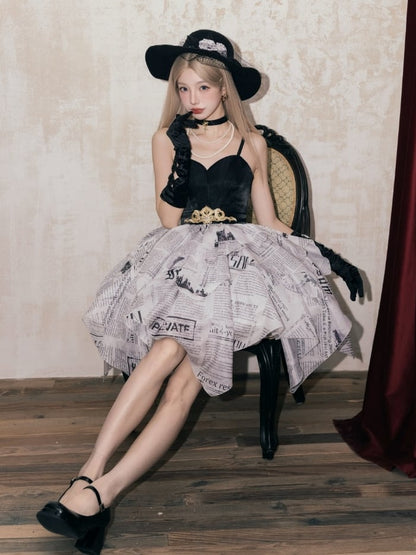 Newspaper Print Layered Handkerchief Skirt Elegant Dress Lolita Jumper Skirt