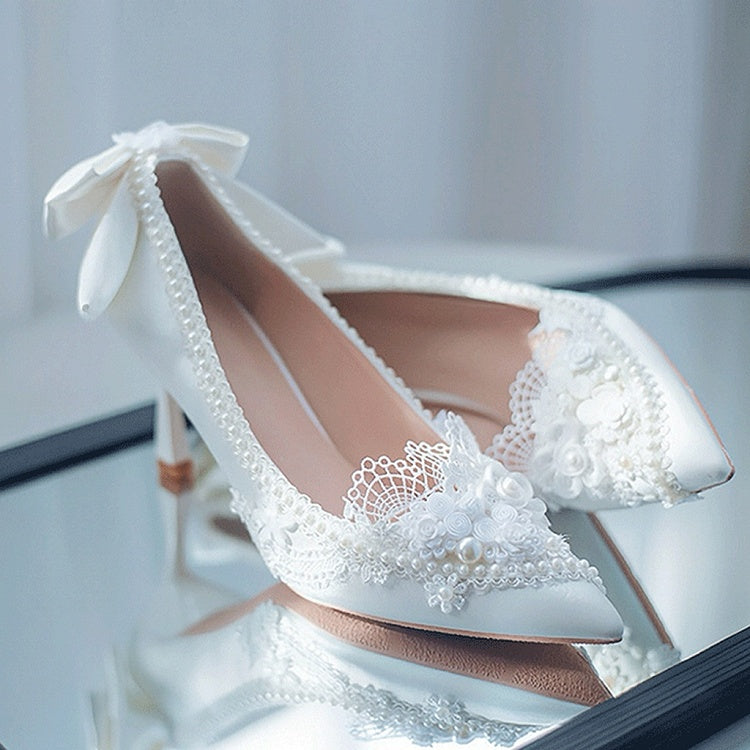 White Floral Design Bow Accent Beaded 5CM/7CM/9CM Hime Lolita Heels