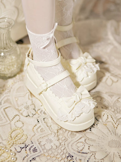Milky White Bow at Top Lace Trim Heart Buckles Platforms