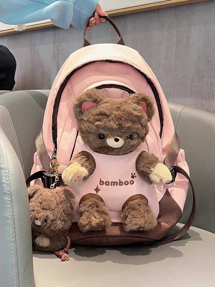 Pink Plush Backpack With A Detachable Brown Bear Doll