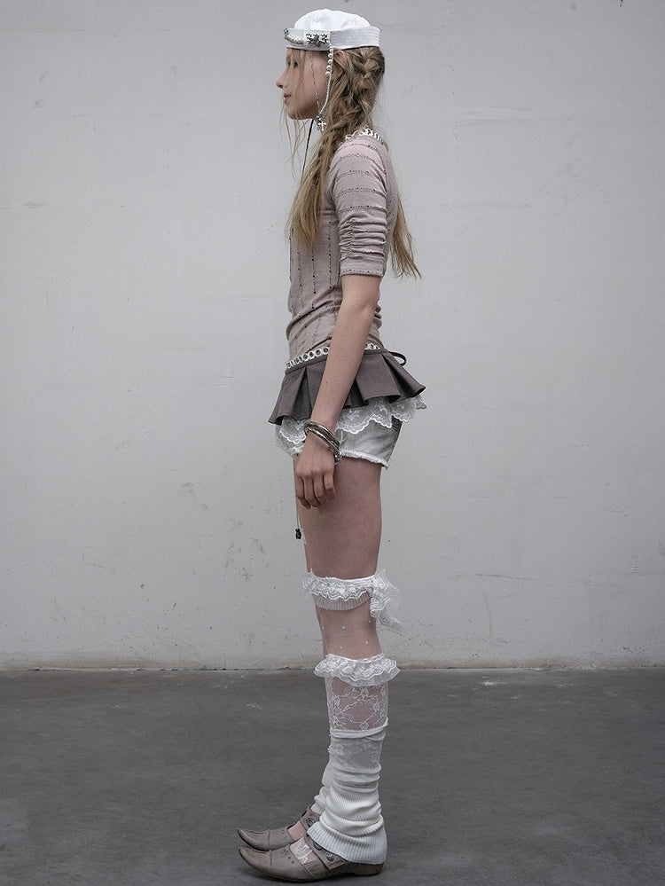 Pink/Blue Wasteland Punk V-neck Rhinestone Necklace Design Striped Pattern Long Sleeves Top