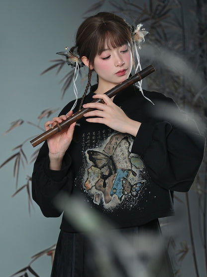 Cheongsam Style Butterfly Print Black/Apricot Banded Collar Sweatshirt