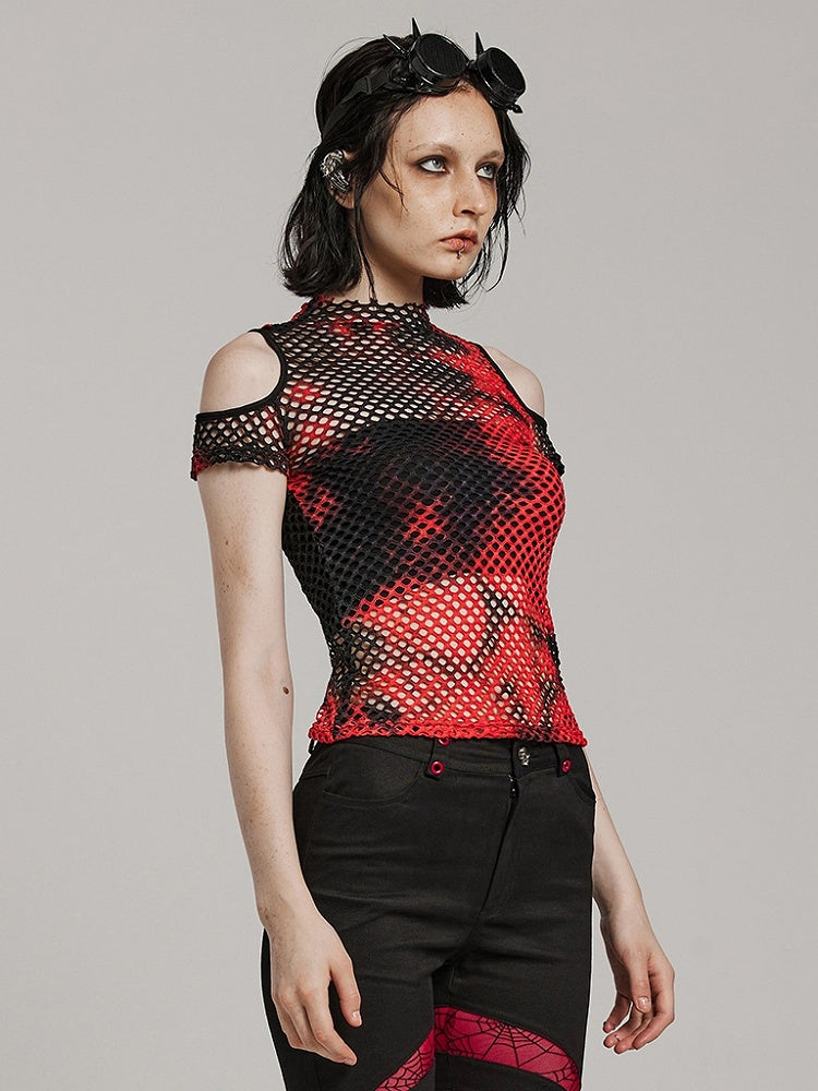 Black and Red Punk Tie-dyed Mesh Short Sleeve T-shirt