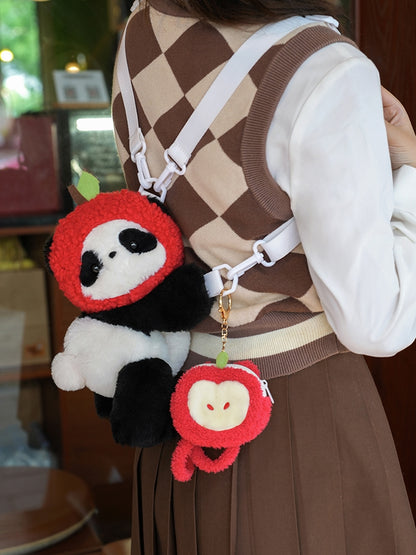 Cute Panda Plush Backpack/Crossbody Bag + Apple Hat + Apple Backpack Keychain