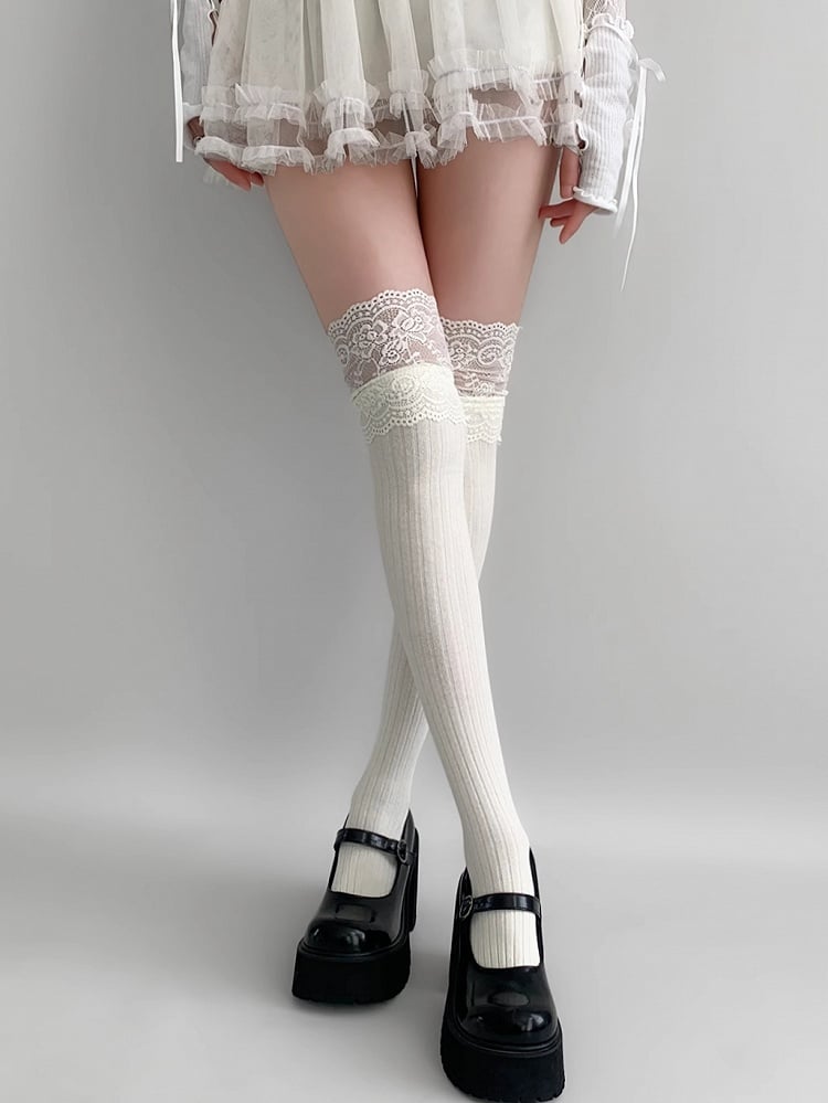 White/Black/Dark Gray/Beige/Light Gray Lace Trim Knitted Over-knee Stockings
