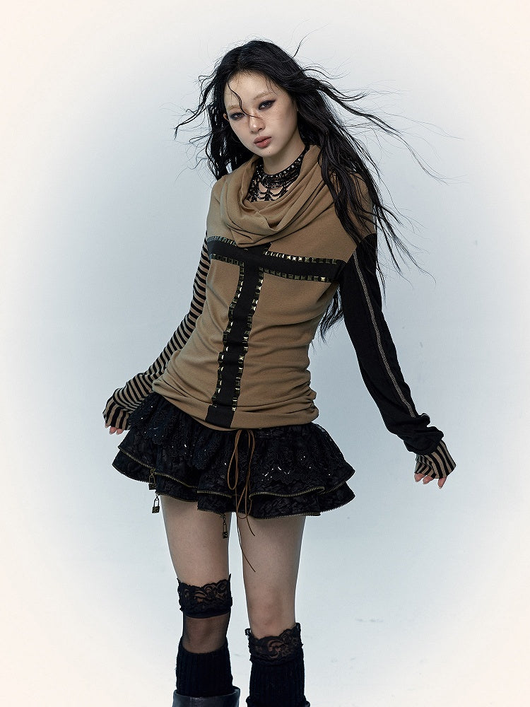 Black&Brown/Red&Black Striped Sleeves Top with Cross Design