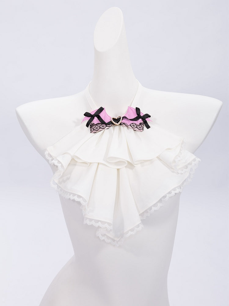 White Jabot Tie Adorned with Pink PU Bat Wings Bowtie