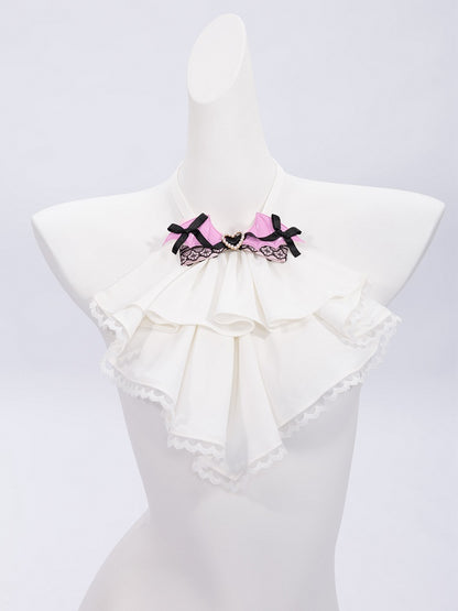 White Jabot Tie Adorned with Pink PU Bat Wings Bowtie