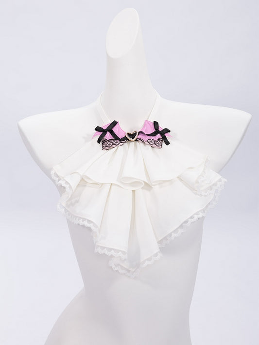 White Jabot Tie Adorned with Pink PU Bat Wings Bowtie