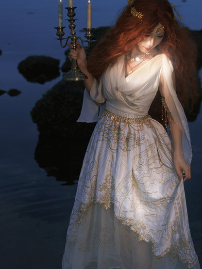 Gold Celestial Map Embroidery White Greek Style Cowl Neckline Jumper Skirt