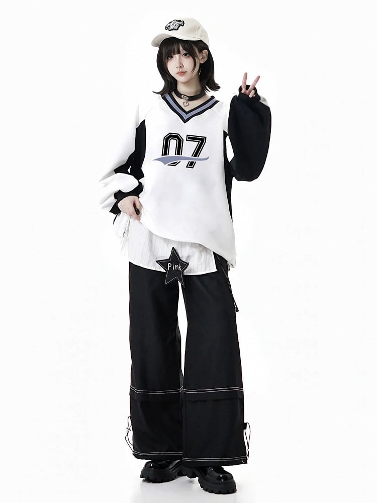 White V-Neck Regular/Back Bow Baseball-Style Sweatshirt with Front Numeric Design