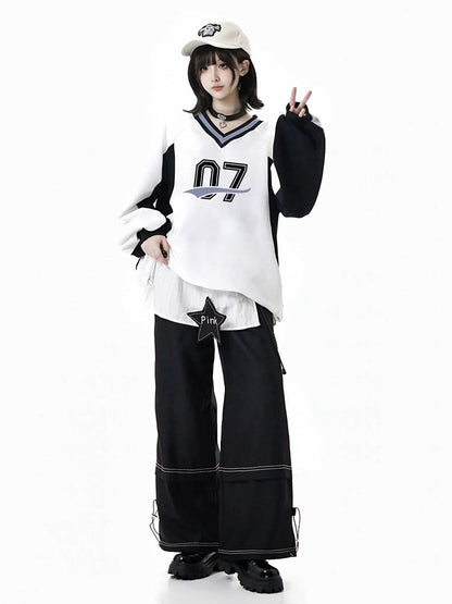 Black Straight-Leg Pants with Cuff Drawstring and Intricate Stitch Detailing