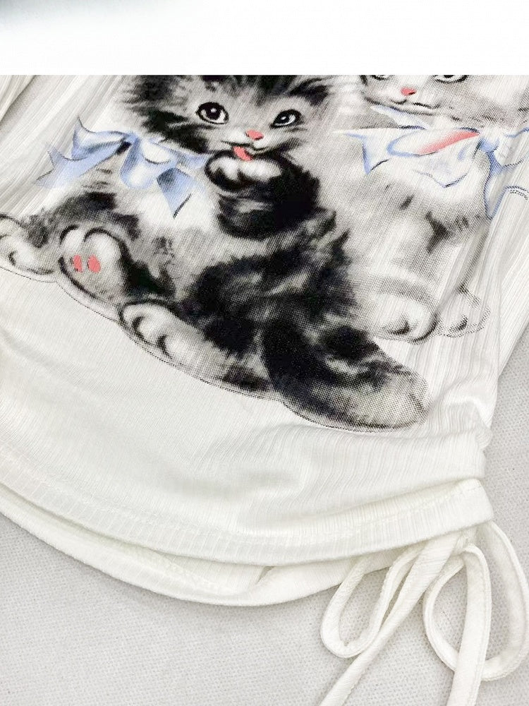 White Y2K Bittersweet Letter And Cat Print Off-the-shoulder Neckline Top